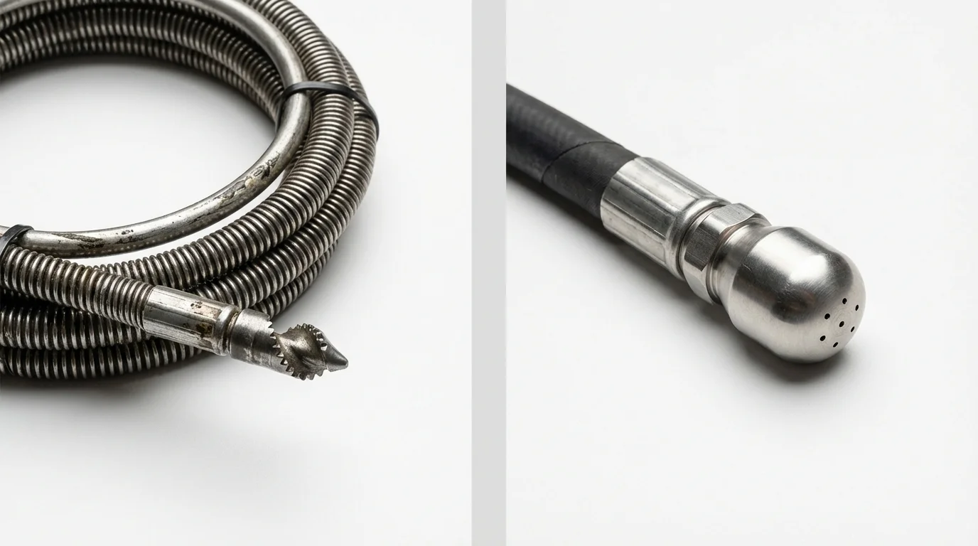 Drain snake cable and hydro jetting nozzle used for drain cleaning in Harrisville, NH