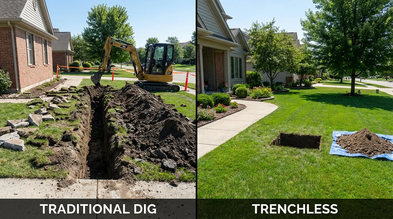 Trenchless sewer repair with minimal yard damage versus traditional excavation in Harrisville, NH