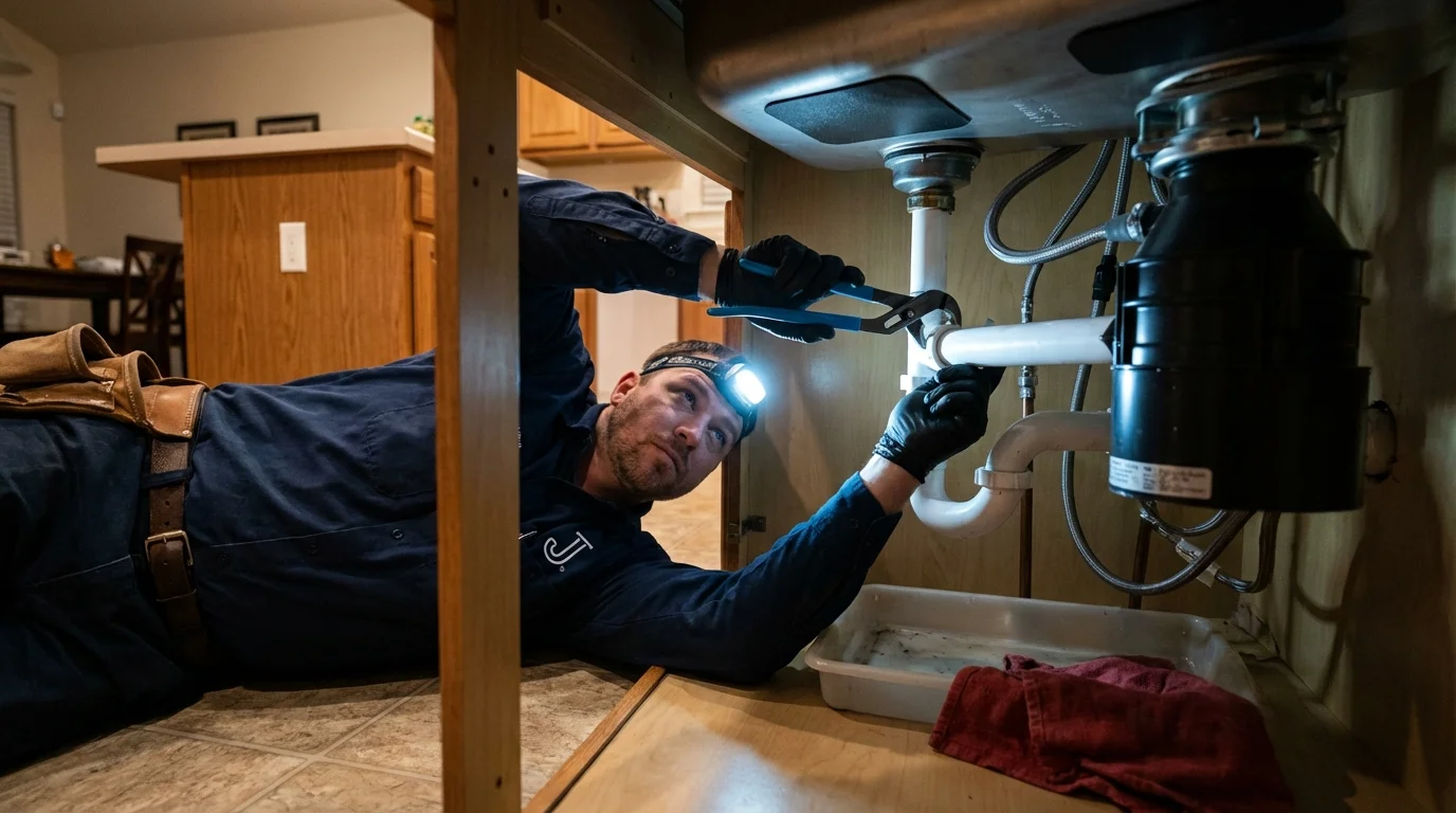 P-trap and supply line connections under a kitchen sink showing a common leak point in Harrisville, NH